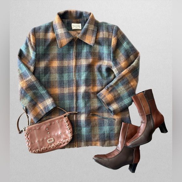 Vintage Jackets & Blazers - Vintage Plaid Pea Coat in Teal, Brown & Mustard